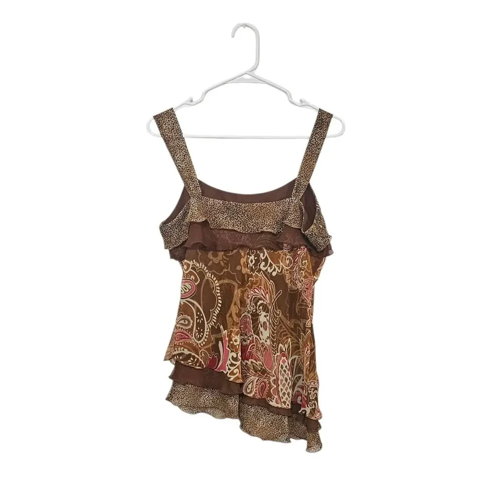 Y2K Fairy Top Brown Paisley Chiffon Asymmetric Ruffle Sleeveless Size Medium - Picture 2 of 5